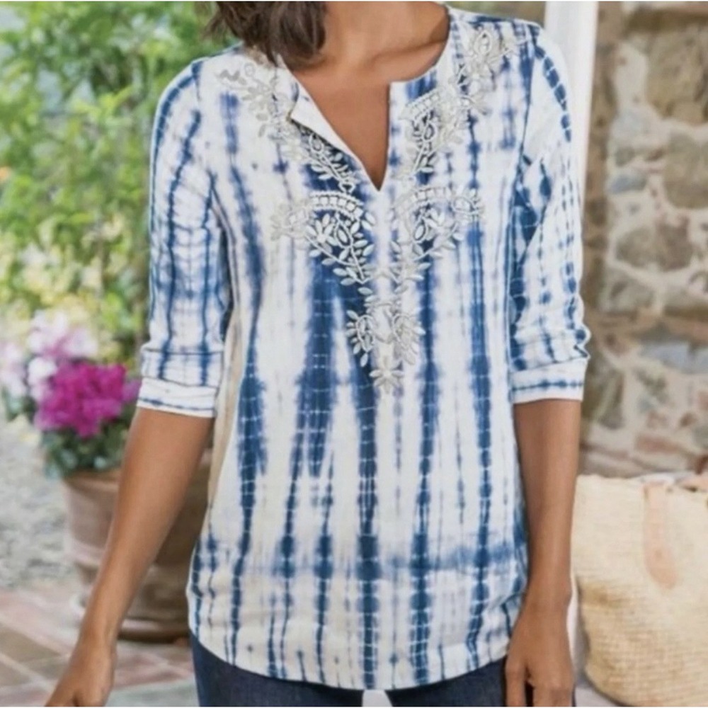 Soft Surroundings Tie Dye Beaded Tunic Top Size XL Boho Coastal Fairycore